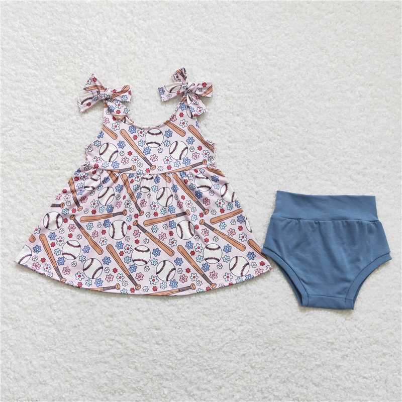 GBO0242 Baby Girls Baseball Flowers Tunic Top Bummies Clothes Sets