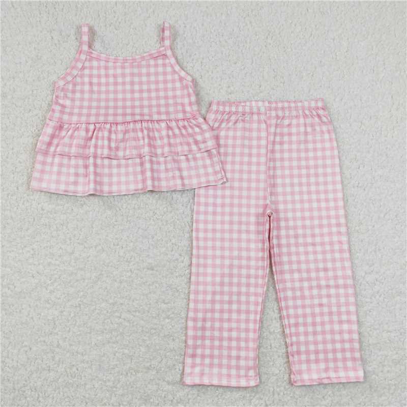 GSPO1380 Pink and white plaid lace suspender trousers set