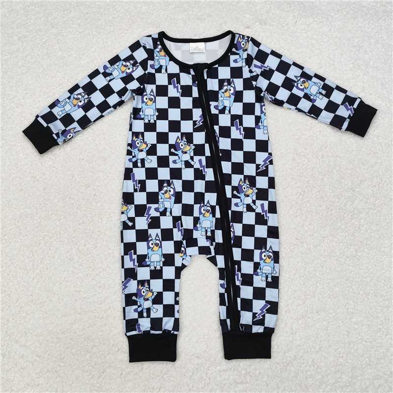 RTS LR1910 Cartoon bluey blue black plaid zipper long-sleeved jumpsuit