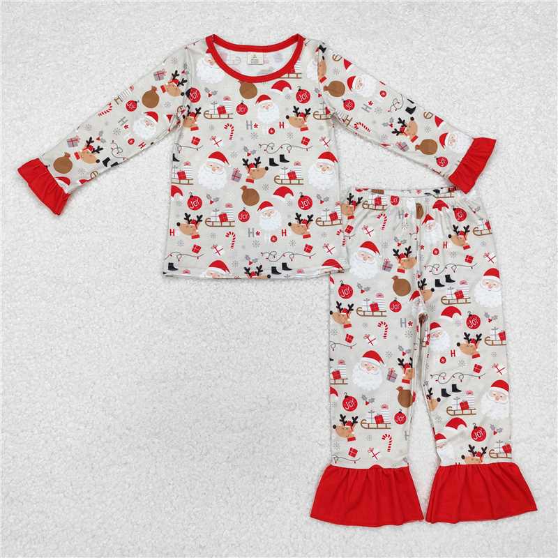 GLP1508 Modal Santa Claus reindeer gift lace brown red long sleeve long pants pajamas set