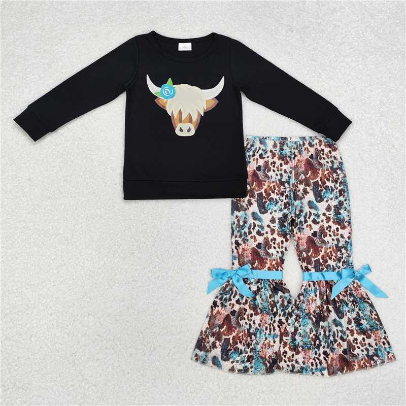 GLP1871Black highland cow top bell bottom pants girls western clothes