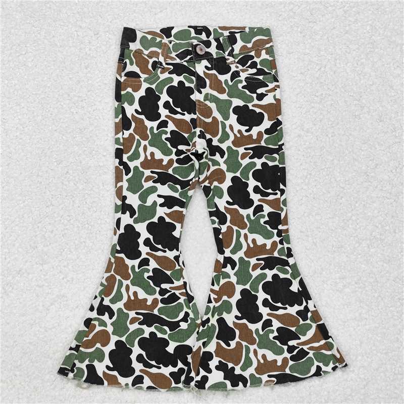 P0582 Mommy And Me Adult Girls Brown Camo Fall Bell Flare Denim Pants