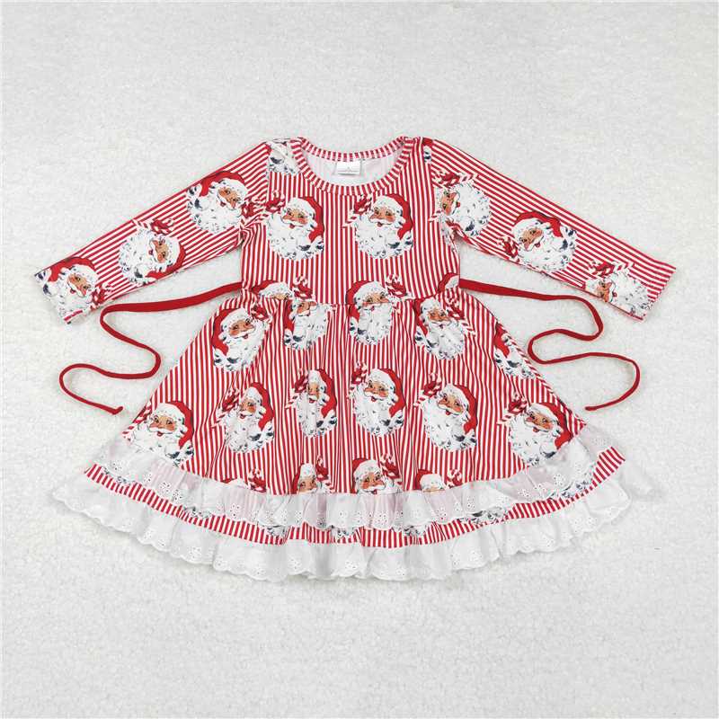 11.21 RTS NO MOQ (In stock)GLD0786 Baby Girls Christmas Stripes Santa Ruffles Knee Length Dresses
