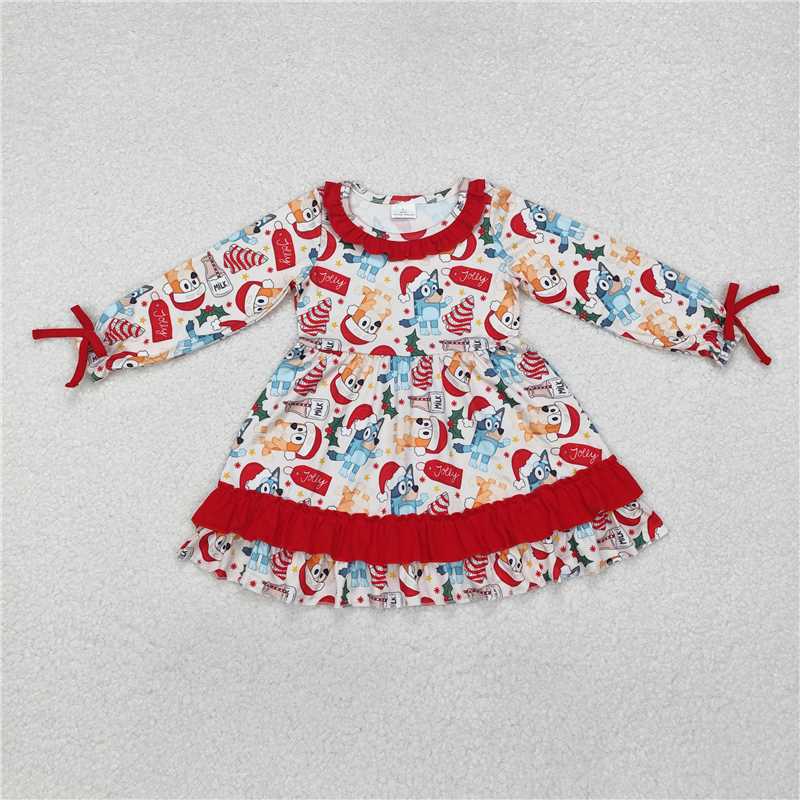 12.11 RTS NO MOQ (In stock)Matching Christmas GLD0802 Baby Girls Dogs Christmas Tree Cake Ruffle Knee Length Dresses