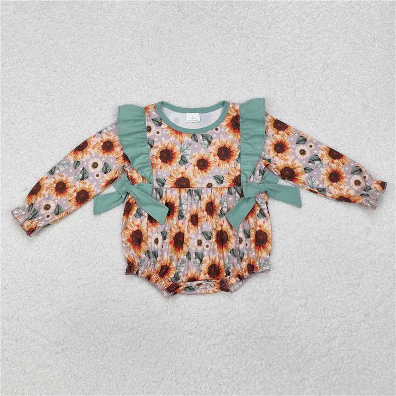 12.12 RTS NO MOQ (In stock)Matching LR1492 Baby Infant Girls Green Bows Flowers Long Sleeve Rompers