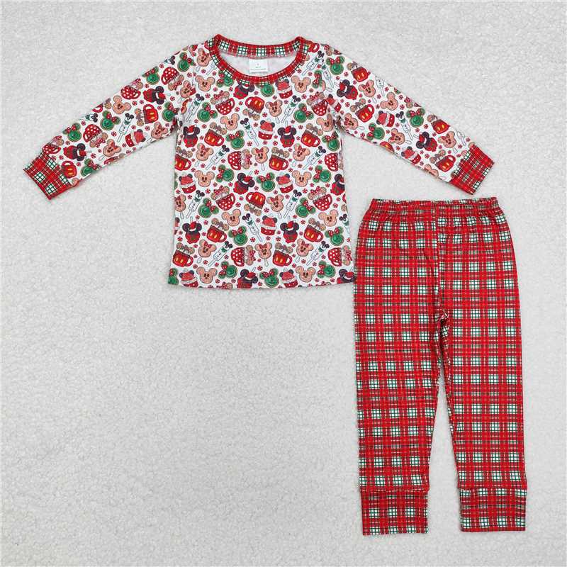 BLP0695Long sleeves mouse top plaid pants boys Christmas pajamas