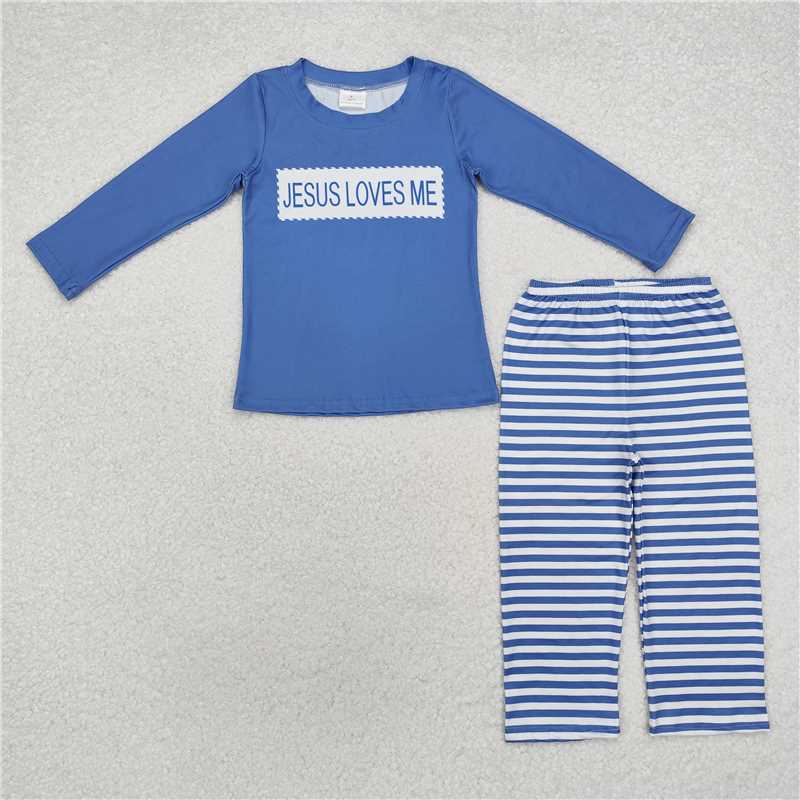 10.23 RTS NO MOQ (In stock)Matching BLP0766 Baby Boys Blue Stripes Jesus Loves Me Top Pants Clothes Sets