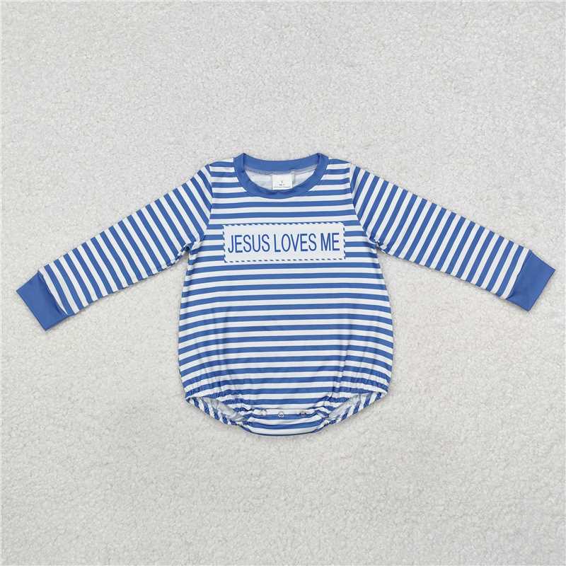 10.23 RTS NO MOQ (In stock) Matching LR1556 Baby Infant Boys Blue Stripes Jesus Loves Me Rompers