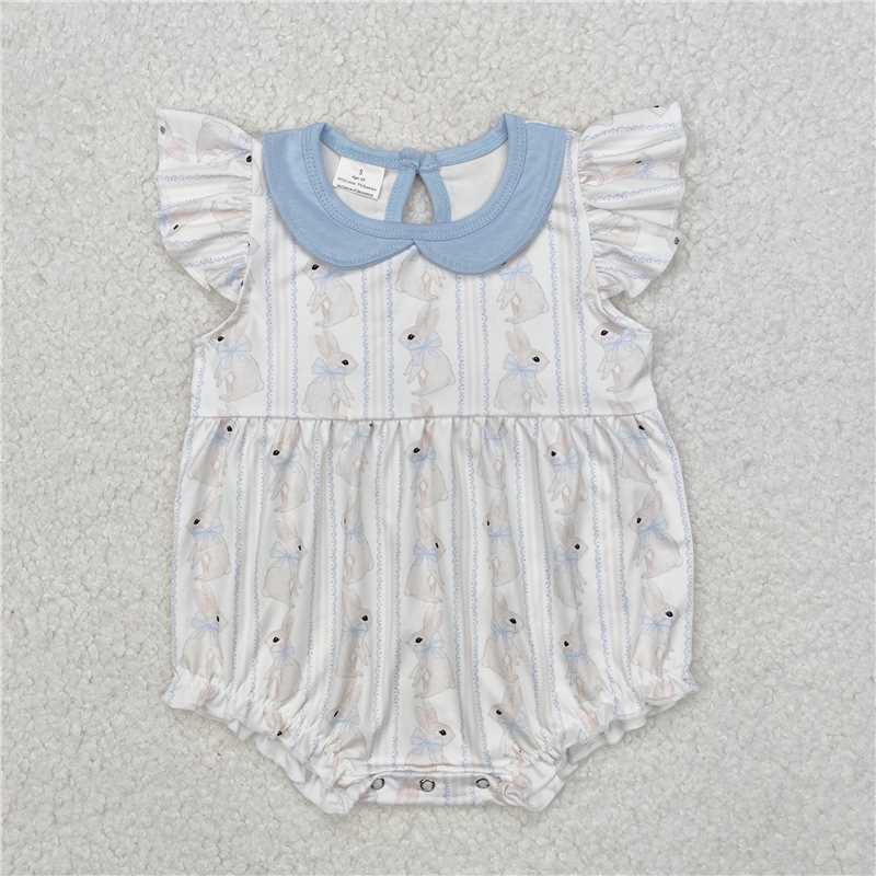 11.27 RTS NO MOQ (In stock)Matching SR2132 Baby Infant Girls Easter Blue Rabbits Flutter Sleeve Rompers