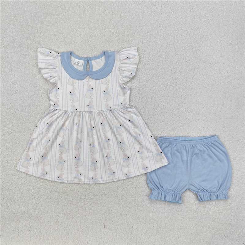 12.25 RTS NO MOQ (In stock)GSSO1525 Baby Girls Easter Blue Rabbits Tunic Shorts Clothes Sets