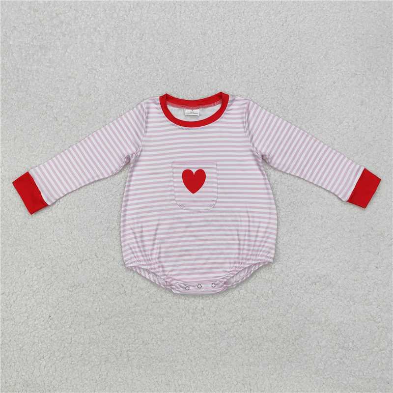 12.4 RTS NO MOQ (In stock)Matching LR1855 Baby Infant Girls Pink Stripes Heart Pocket Long Sleeve Rompers