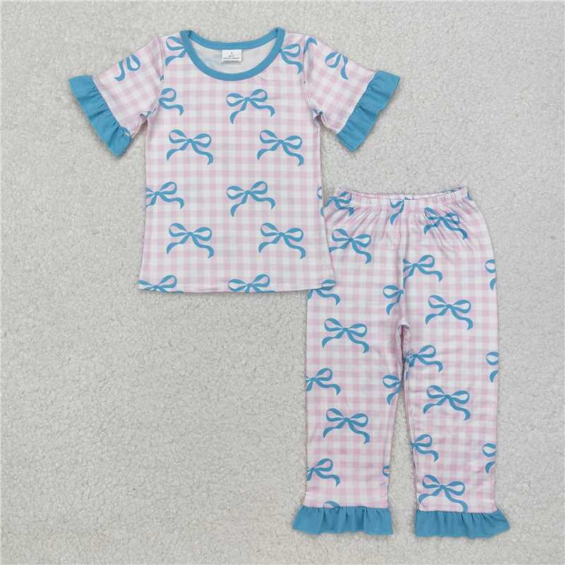 11.27 RTS NO MOQ (In stock)Matching GSPO1736 Baby Girls Pink Checkered Bows Top Pants Pajamas Clothes Sets