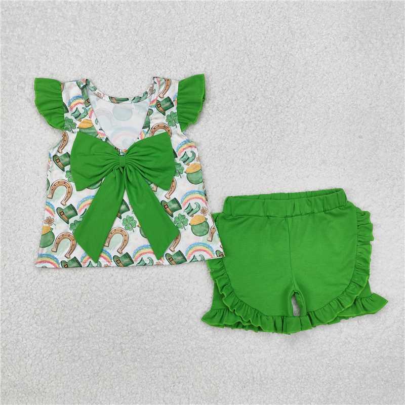 12.22 RTS NO MOQ (In stock)GSSO1713 Baby Girls St Patrick Day Qautrefoil Bow Tunic Shorts Clothes Sets