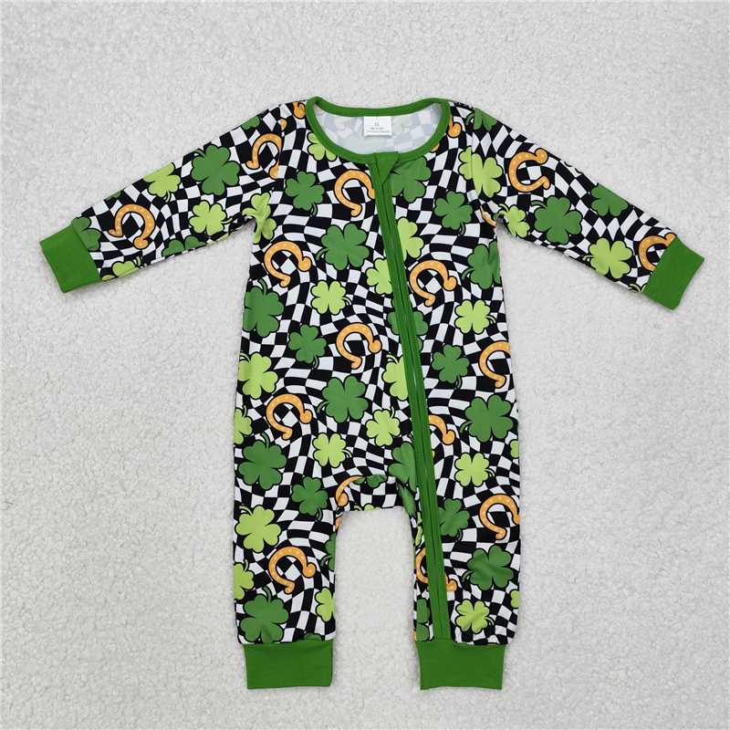 12.23 RTS NO MOQ (In stock)LR2090 Baby Infant Boys St Patrick Day Quatrefoil Zip Rompers