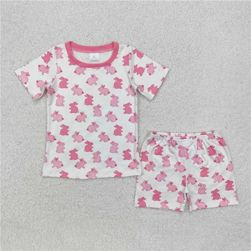 1.5 RTS NO MOQ (In stock)Matching Easter GSSO1700 Baby Girls Easter Pink Rabbits Shirt Shorts Pajamas Clothes Sets