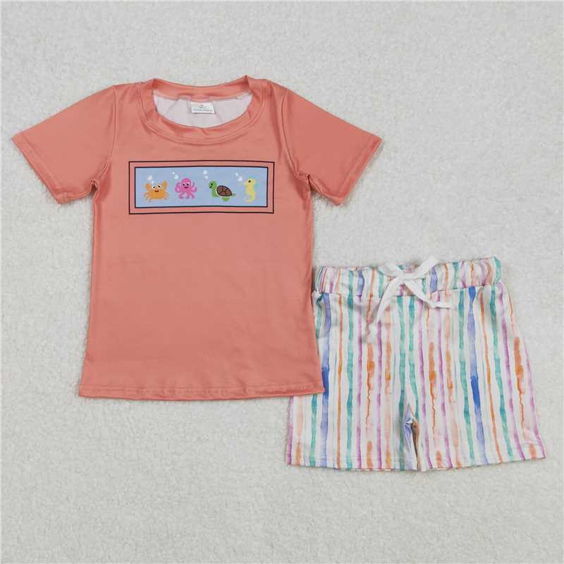 12.26 RTS NO MOQ (In stock)Matching BSSO1278 Baby Boys Sea Animals Shirt Stripes Shorts Outfits Sets