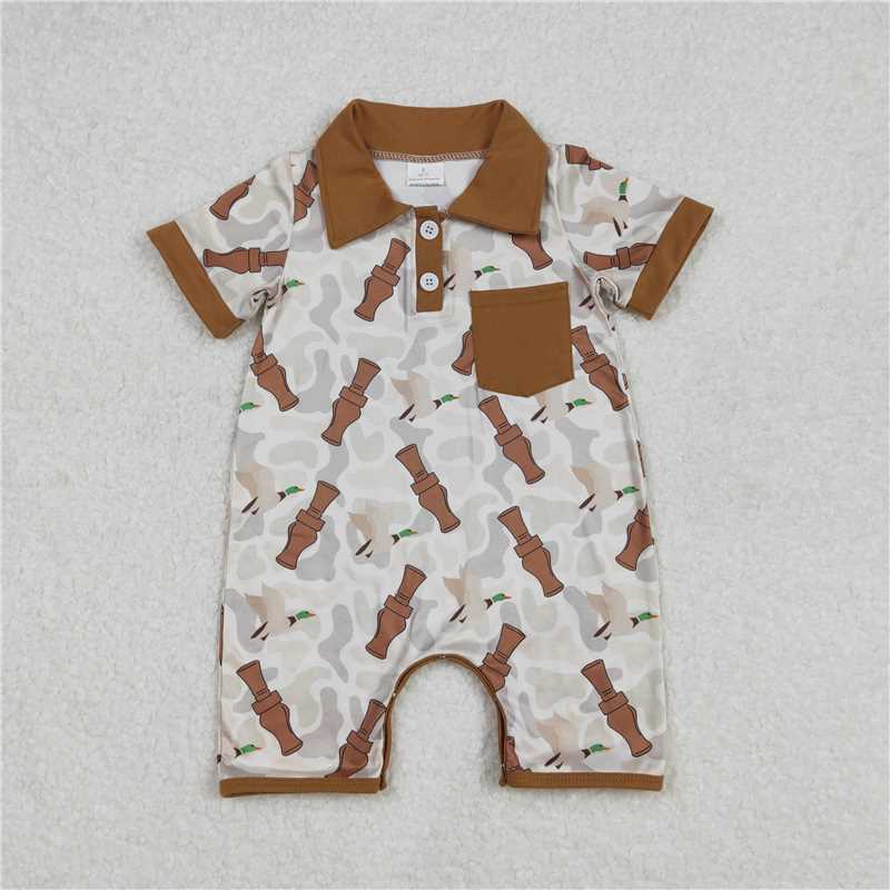 12.25 RTS NO MOQ (In stock)Matching SR2464 Baby Infant Boys Duck Call Camouflage Pocket Rompers