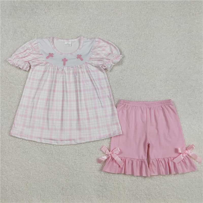 12.25 RTS NO MOQ (In stock)GSSO1855 Baby Girls Pink Checkered Easter Cross Tunic Ruffle Shorts Clothes Sets