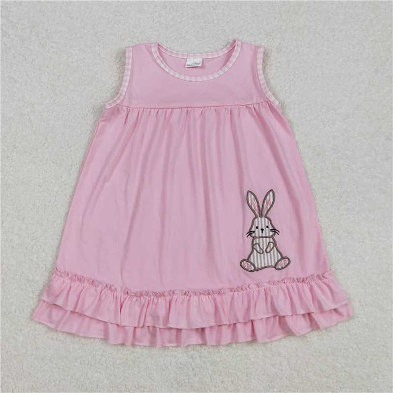 12.24 RTS NO MOQ (In stock)GSD1671 Baby Girls Easter Pink Rabbit Ruffle Knee Length Dresses