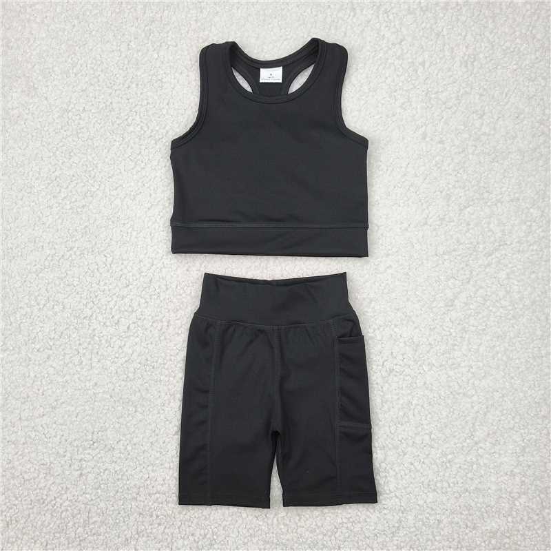 12.18 RTS NO MOQ (In stock)Matching GSSO1517 Baby Girls Black Athletic Active Wear Top Shorts Clothes Sets