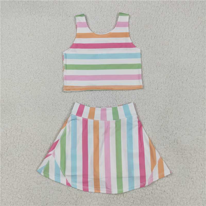 12.17 RTS NO MOQ (In stock)Matching GSD2348 Baby Girls Sleeveless Colorful Stripes Top Skort Yoga Active Sets