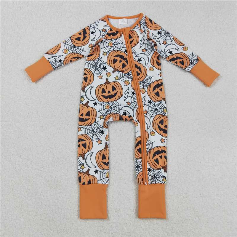 11.10 RTS NO MOQ (In stock)Matching Halloween LR2528 Baby Boys Spider Web Pumpkins Halloween Zipper Footie Rompers