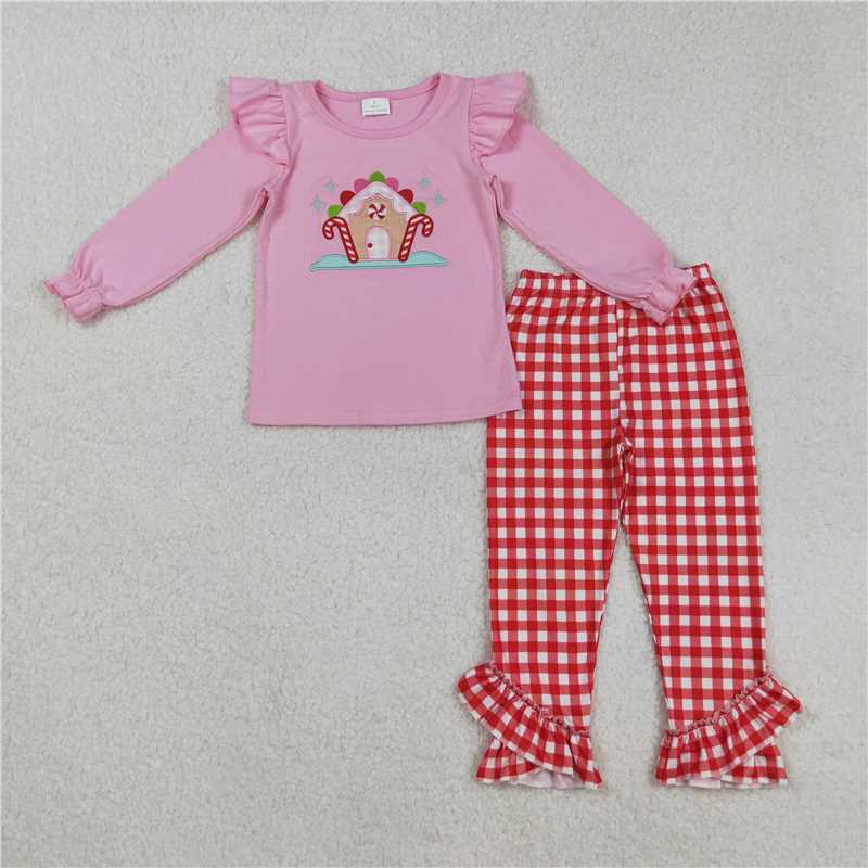 12.8 RTS NO MOQ (In stock)GLP2523 Baby Girls Pink Christmas Candy Cane Top Red Plaid Pockets Pants Sets