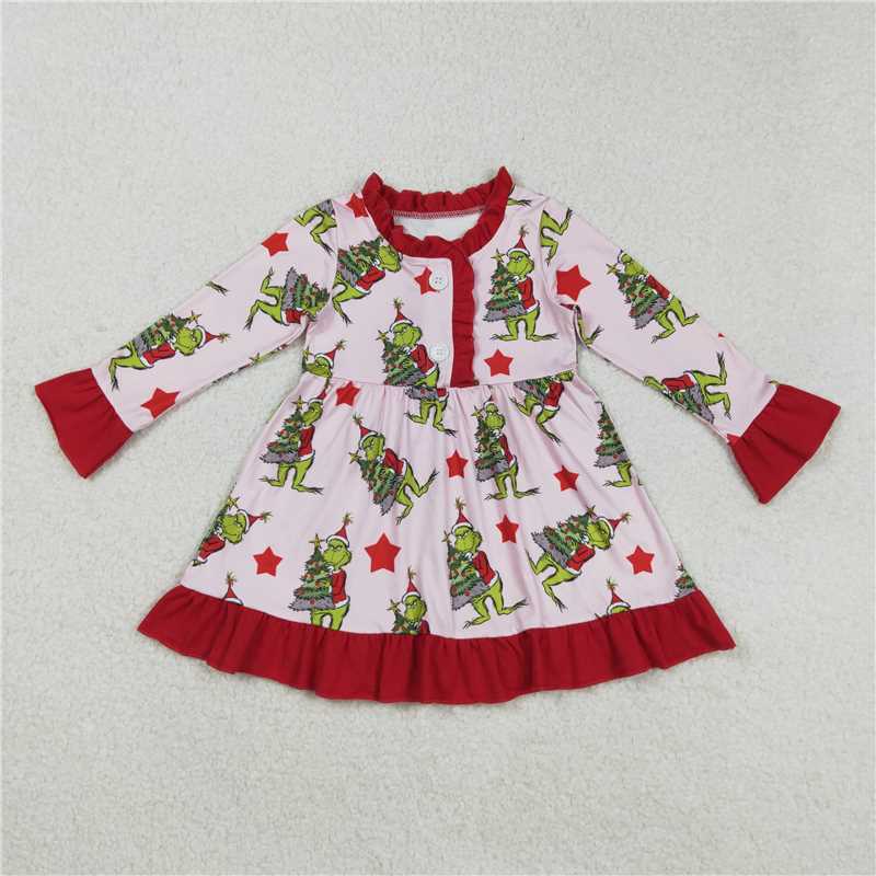 11.8 RTS NO MOQ (In stock)Matching Christmas GLD1236 Baby Girls Christmas Green Face Trees Ruffle Knee Length Dresses