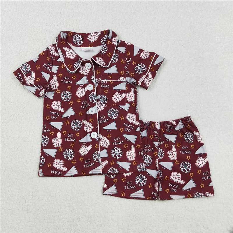 11.19 RTS NO MOQ (In stock)Matching GSSO2678 Baby Girls Dark Red Shot Sleeves Team Cheer Button Top Short Pajamas Sets