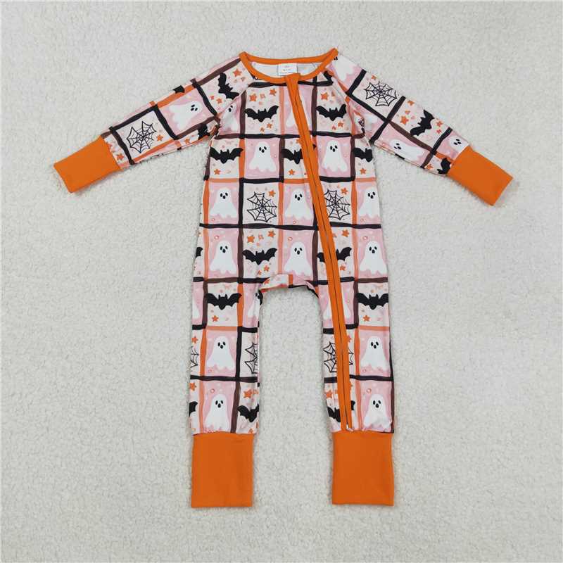 11.19 RTS NO MOQ (In stock)Matching Halloween LR2539 Baby Boys Ghosts Bats Halloween Zipper Footie Rompers