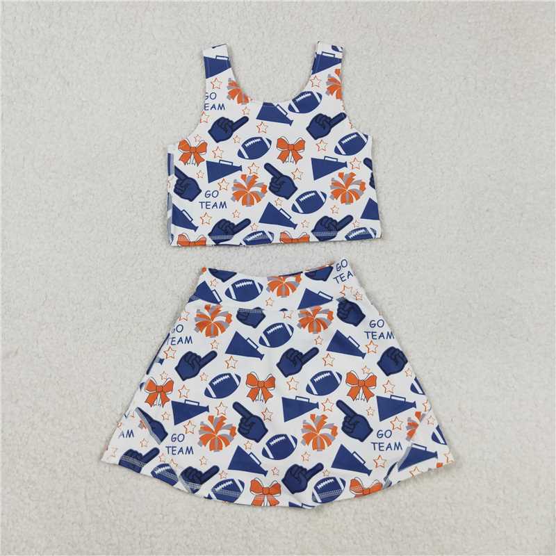 11.20 RTS NO MOQ (In stock)Matching GSD2694 Baby Girls Team Navy Footballs Vest Top Short Skirts Yoga Sets