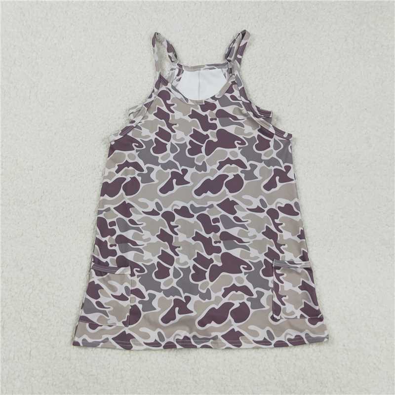 10.18 RTS NO MOQ (In stock)Matching GSD2719 Baby Girls Strap Gray Camo Pockets Yoga Knee Length Dresses