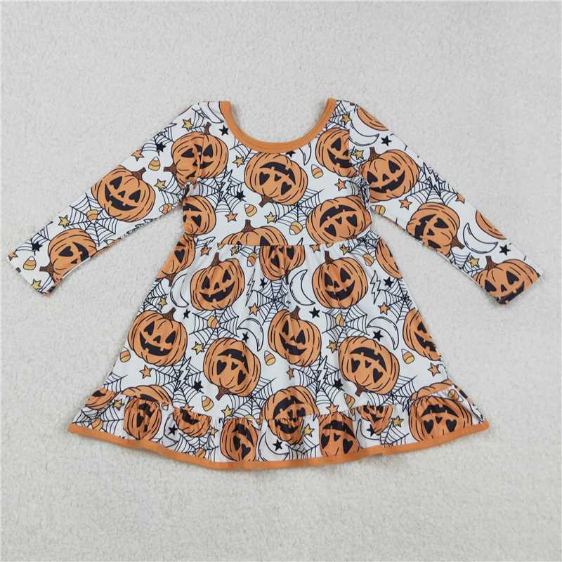 11.10 RTS NO MOQ (In stock)Matching Halloween LD1258 Baby Girls Halloween Ghost Pumpkins Ruffle Knee Length Dresses