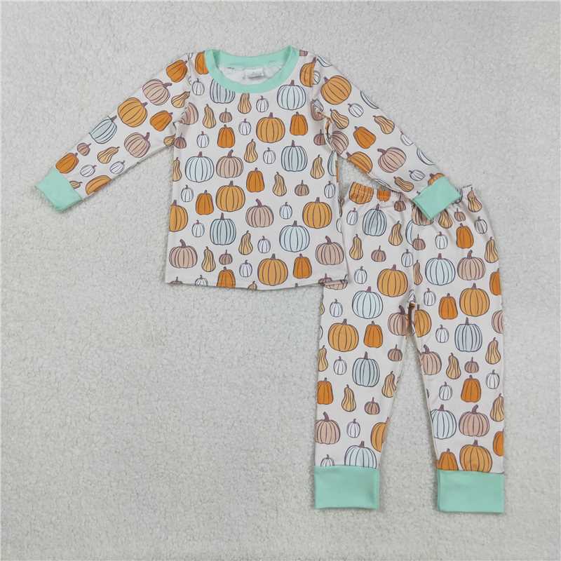 10.27 RTS NO MOQ (In stock) Matching BLP1222 Baby Boys Fall Green Pumpkins Top Pant Fall Pajamas Sets