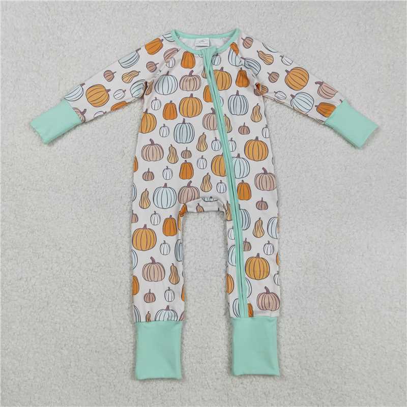 10.27 RTS NO MOQ (In stock)Matching LR2565 Baby Boys Green Pumpkins Fall Zipper Footie Rompers