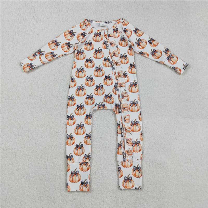 10.27 RTS NO MOQ (In stock)Matching LR2557 Baby Boys Bows Pumpkins Fall Zipper Footie Rompers