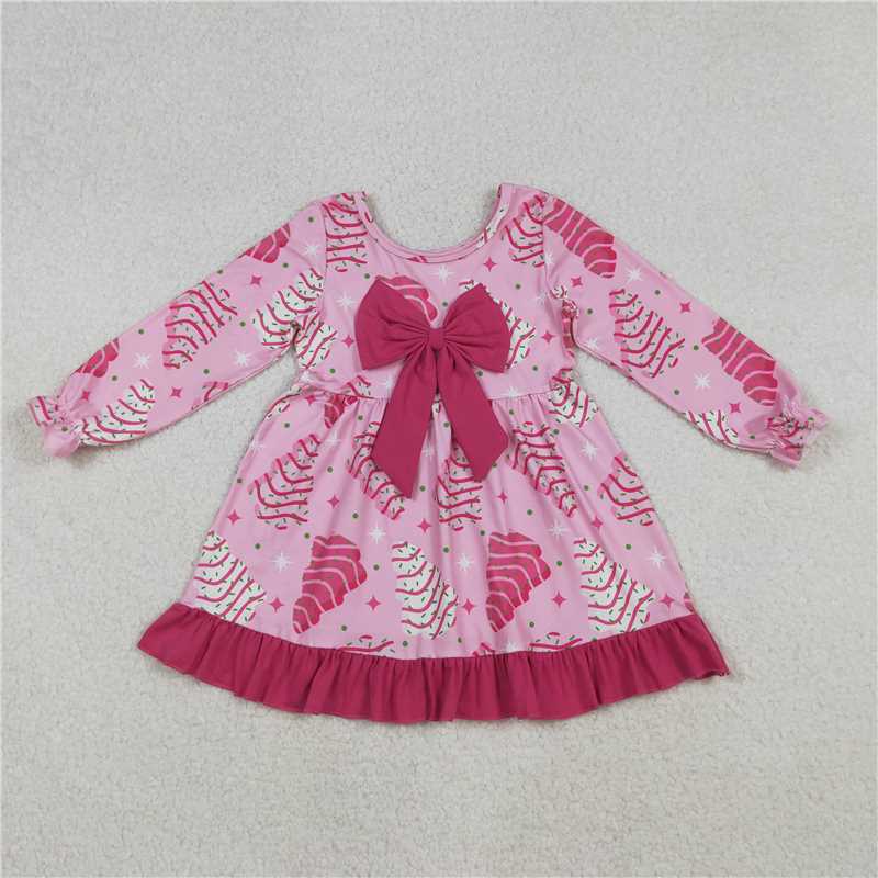 11.19 RTS NO MOQ (In stock)GLD1276 Baby Girls Pink Stripe Trees Stars Bow Christmas Ruffle Knee Length Dresses