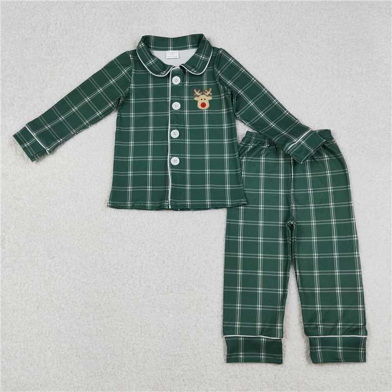 12.3 RTS NO MOQ (In stock)Matching Christmas BLP0545 Embroidery Baby Boys Christmas Checkered Deer Buttons Top Pants Pajamas Sets