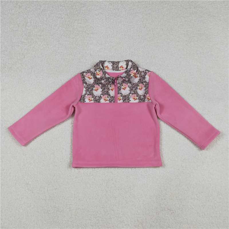 10.21 RTS NO MOQ (In stock)Matching Christmas GT1151 Baby Girls Santa Leopard Christmas Half Zipper Pullover Sherpa Tops