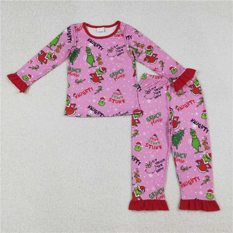 12.5 RTS NO MOQ (In stock)GLP2710 Baby Girls Christmas Trees Green Face Top Ruffle Pant Pajamas Set