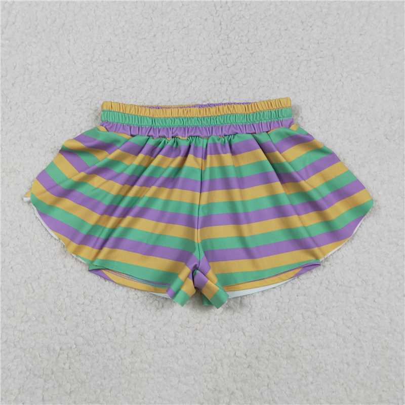 12.19 RTS NO MOQ (In stock)SS0685 Baby Girls Mardigras Stripes Yoga Active Ruffle Shorts Bottoms