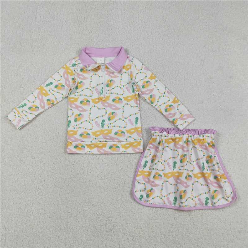 12.18 RTS NO MOQ (In stock)GLD1334 Baby Girls Mardigras Donuts Masks Zip Pullover Skirt Shorts Clothes Sets