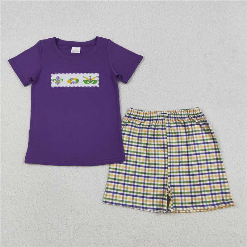 12.26 RTS NO MOQ (In stock)Matching BSSO1603 Embroidery Anchor Donuts Baby Boys Mardigras Top Checked Shorts Clothes Sets