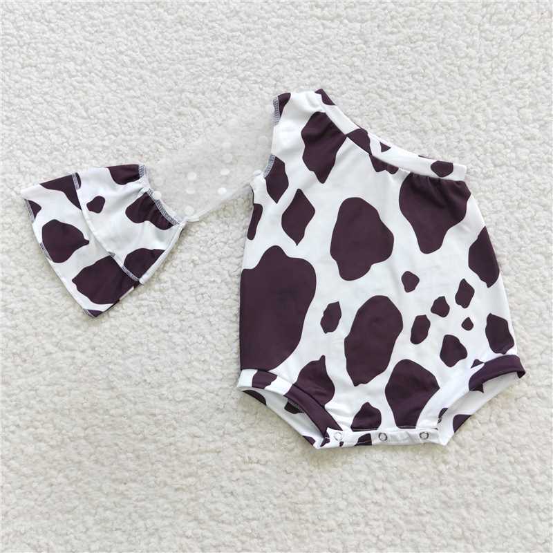 LR0601One off shoulder cow print baby girls romper