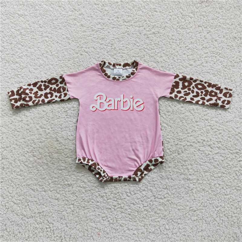 LR0575Pink leopard long sleeves party baby girls romper
