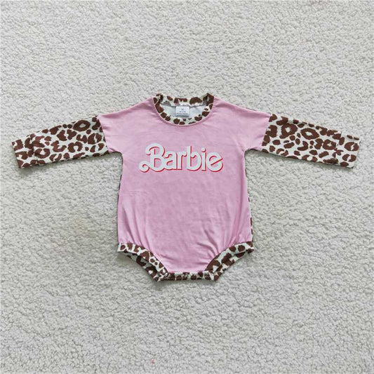 LR0575Pink leopard long sleeves party baby girls romper