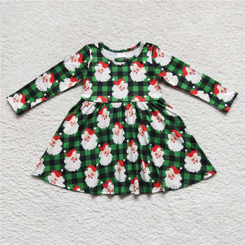 GLD0262 Baby Girls Christmas Green Plaid Santa Knee Length Dresses
