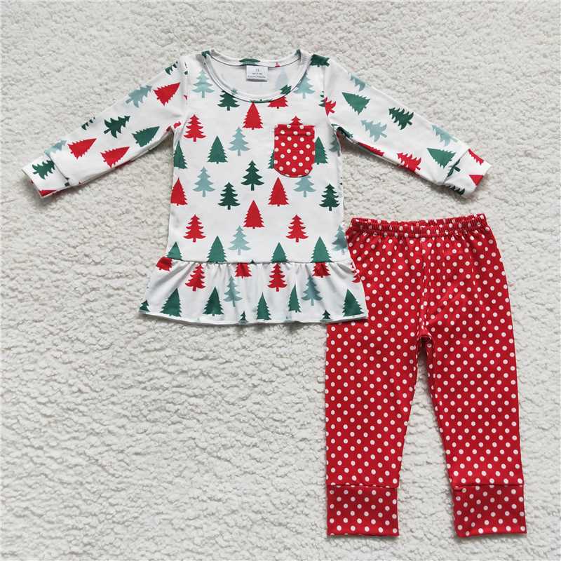 12.10 RTS NO MOQ (In stock)GLP0803 Baby Girls Christmas Tree Tunic Polka Dots Legging Pants Clothes Sets