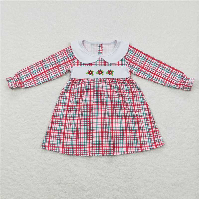 GLD0470 Baby Girls Christmas Flowers Green Red Plaid Knee Length Dresses