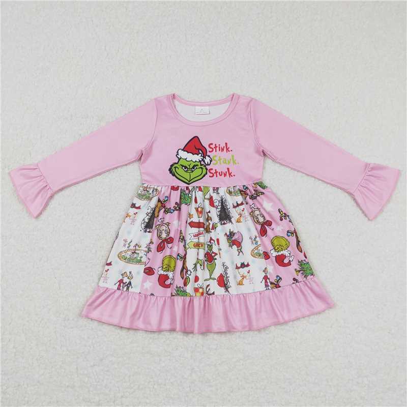 GLD0457 Baby Girls Pink Christmas Frog Ruffle Knee Length Dresses